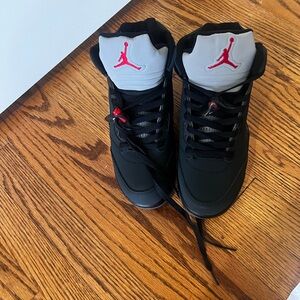 Jordan Men's Black and Gray Sneakers with Red Accents